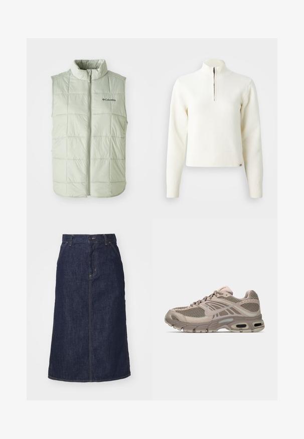 Gilet sans manches vert clair avec un col montant, texture matelassée, coutures verticales et fermeture éclair à l'avant. Présente un petit logo sur la poitrine.; Pull-over blanc à col zippé et manches longues. Fabriqué en matériau tricoté doux, avec des poignets et un ourlet côtelés. Logo de la marque subtil à l'ourlet.; Jupe en denim foncé à taille haute, coupe droite, poches avant et coutures surpiquées. Fermeture à glissière et bouton à la taille.; Chaussure de sport beige avec tige en mesh, accents moulés, bout arrondi et amorti d'air visible dans la semelle. Lacets de couleur neutre.