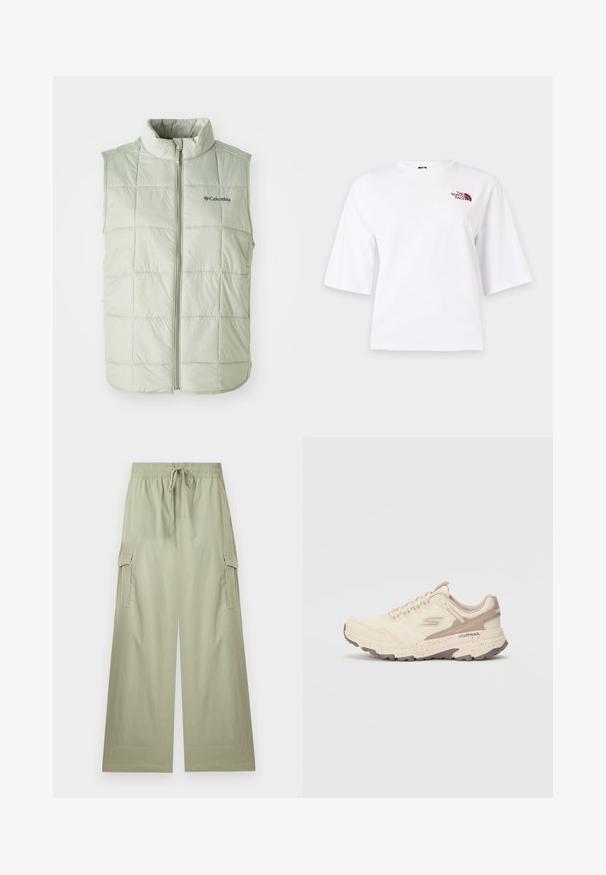 Lichtgroene mouwloze vest met een hoge kraag, gewatteerde textuur, verticale stiksels en een front-rits. Bevat een klein logo op de borst.; Witte T-shirt met korte mouwen, ronde hals en klein kastanjebruin "The North Face" logo op de linker bovenborst.; Lichtgroene cargo-broek met wijde pijpen, elastische tailleband en trekkoord, met zijflappzakken en een ontspannen pasvorm.; Beige hardloopschoen met een gestructureerde mesh bovenkant, verstevigde neus, contrasterende accenten en een gevoerde zool met een robuust loopvlak.