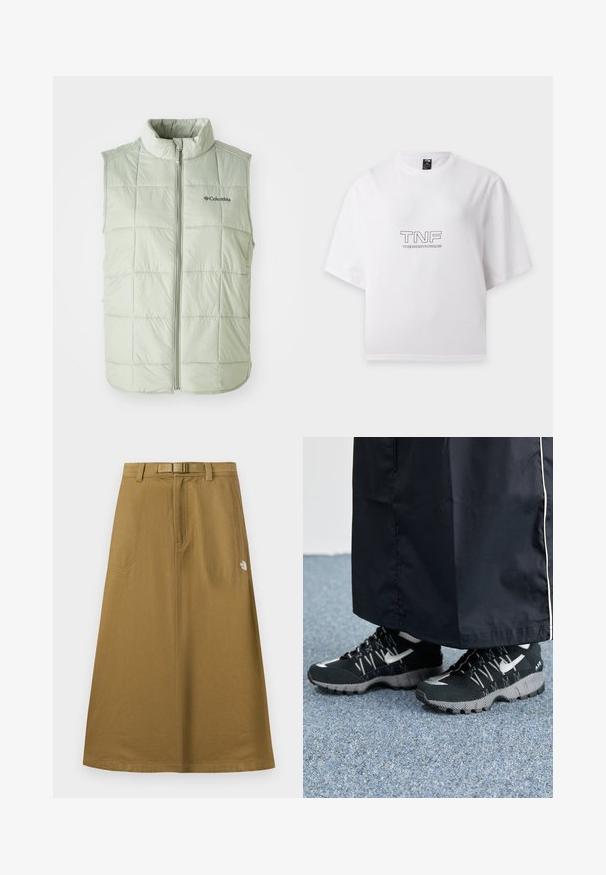 Lichtgroene mouwloze vest met een hoge kraag, gewatteerde textuur, verticale stiksels en een front-rits. Bevat een klein logo op de borst.; Witte T-shirt met korte mouwen met "TNF" en "THE NORTH FACE" zwart gedrukt op de borst, plat weergegeven op een witte achtergrond.; Lange, beige buitenrok met voorzakken, geïntegreerde riem en het The North Face-logo aan de rechterkant.; Zwarte atletische schoenen met een gestructureerde bovenkant, zilveren accenten en een gestippelde loopzool, gecombineerd met een zwart lang kledingstuk. Geplaatst op een blauwe vloerbedekking.