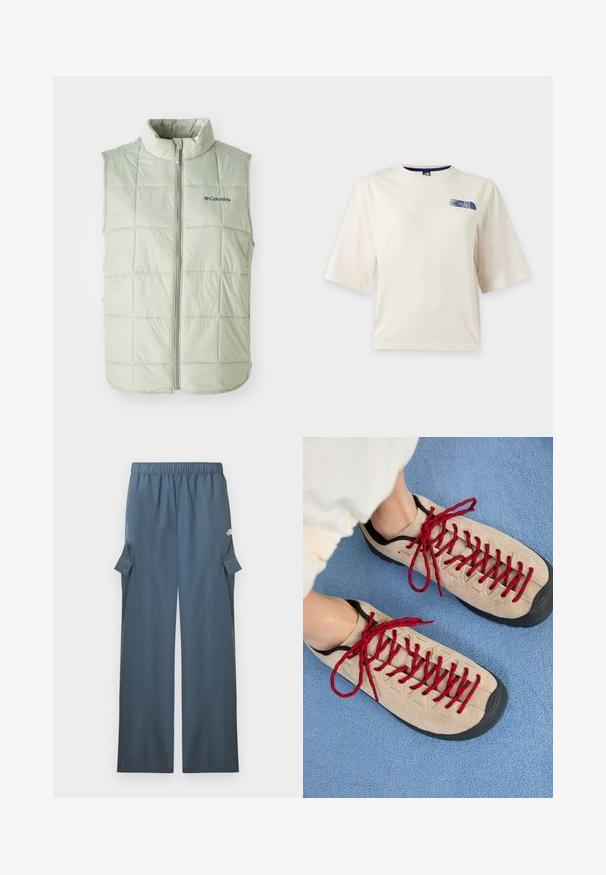 Chaleco sin mangas de color verde claro con un cuello alto, textura acolchada, costuras verticales y una cremallera frontal. Cuenta con un pequeño logo en el pecho.; Camiseta blanca de manga corta con un pequeño logo azul de The North Face en la parte superior izquierda del pecho.; Pantalones cargo de pierna ancha en azul oscuro con cintura elástica y bolsillos con solapa en los lados, logo de la marca en el muslo superior.; Zapatos beiges con cordones rojos, colocados sobre una superficie texturizada azul, que revelan parcialmente el tobillo de una persona. Los zapatos tienen un diseño deportivo.