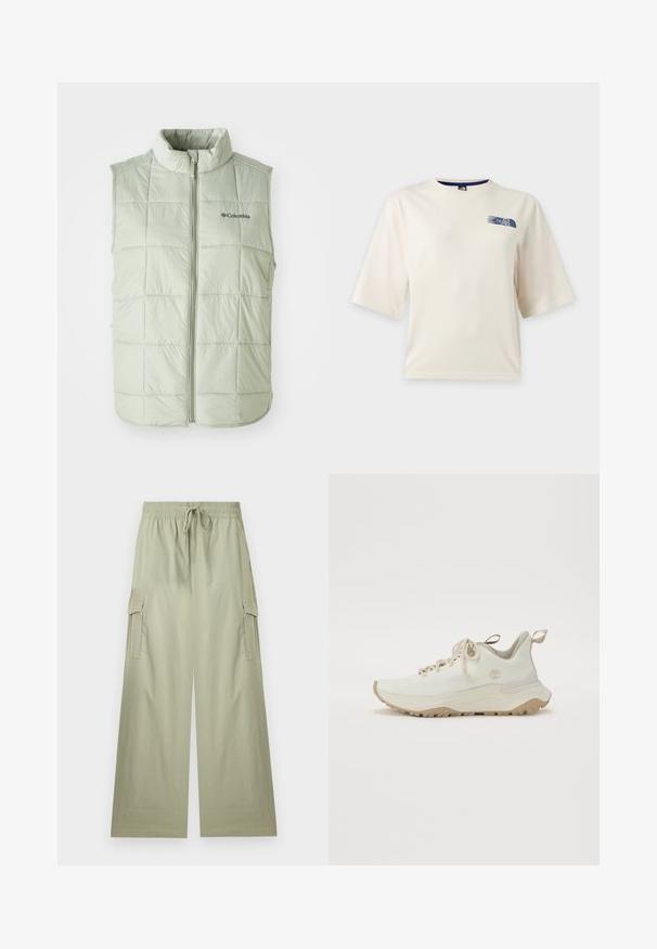 Chaleco sin mangas de color verde claro con un cuello alto, textura acolchada, costuras verticales y una cremallera frontal. Cuenta con un pequeño logo en el pecho.; Camiseta blanca de manga corta con un pequeño logo azul de The North Face en la parte superior izquierda del pecho.; Pantalones cargo de pierna ancha en verde claro con cintura elástica y cordón, con bolsillos laterales con solapa y un ajuste relajado.; Zapatilla deportiva de color beige claro con parte superior de malla texturizada, puntera redondeada, suela gruesa y exterior de goma para mayor tracción. Presenta cordones y una pestaña en el talón en forma de bucle.