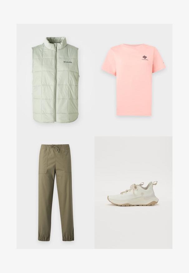 Lichtgroene mouwloze vest met een hoge kraag, gewatteerde textuur, verticale stiksels en een front-rits. Bevat een klein logo op de borst.; Lichtroze T-shirt met korte mouwen en Columbia-logo op de linkerborst, tegen een effen achtergrond.; Olijfgroene broek gemaakt van een gladde stof met een elastische tailleband, verstelbare trekkoord en elastische boorden bij de enkels.; Lichtbeige sportshoe met een gemêleerd mesh bovenwerk, ronde neus, dikke platformzool en een rubberen buitenzool voor grip. Voorzien van veters en een lus aan de hiel.