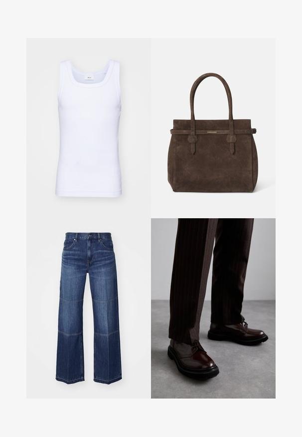 Fehér pamut ujjatlan trikó kerek nyakkivágással, sima textúrával és testhezálló fazonnal, amelyet hétköznapi viseletre terveztek.; Sötétkék, bőszárú farmernadrág, kontrasztos panelekkel, klasszikus ötpocket dizájnnal és hagyományos varrási részletekkel.; Barna bőrből készült, fényezett felületű, fűzős cipők, fekete gumitalppal és diszkrét varrásokkal. Csíkos barna nadrággal viselve.; Sötétbarna velúr tote táska dupla fogantyúval és vízszintes pánttal, melyen egy kis arany DSQUARED2 logo tábla található.