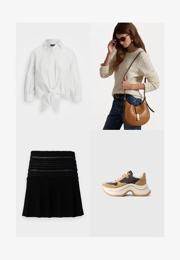 Bílá zkrácená košile s detailem na předním zavázání, dlouhými nabíranými rukávy a klasickým límcem. Hladká tkanina s pevným designem.; Černá plisovaná sukně s texturovaným žebrovaným designem. Obsahuje horizontální pruhy v oblasti pasu s výřezy. Krátká délka.; Sněrovací tenisky s robustní podrážkou v béžové a tmavě hnědé barvě, s semišovými akcenty, bílými tkaničkami a malým zlatým přívěskem MK na boku.; Hnědá kožená kabelka přes rameno se zakřiveným tvarem a zlatými kovovými detaily. Modelka má na sobě krémový svetr s pleteným vzorem a modré džíny.
