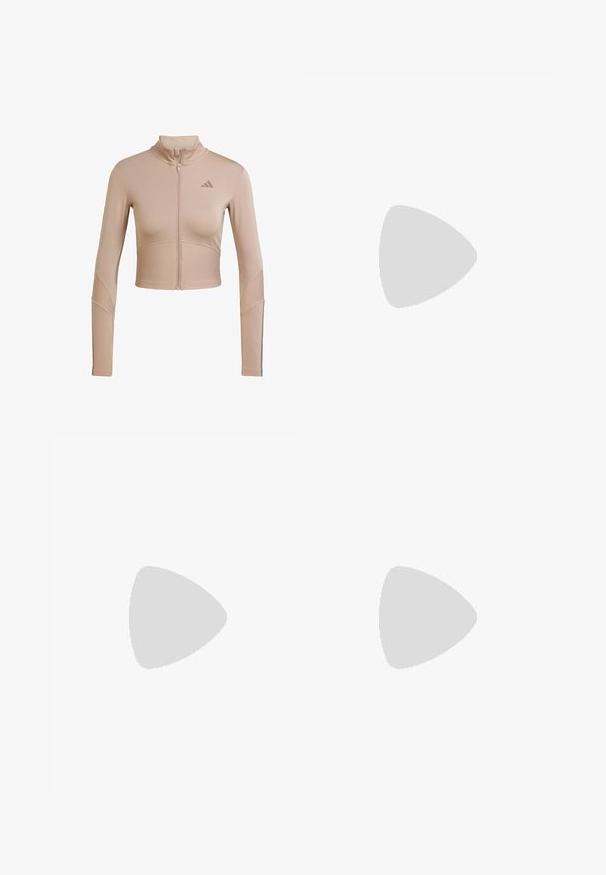 Beige Sport-Crop-Jacke mit hohem Kragen, durchgehendem Reißverschluss, geripptem Textur an den Ärmeln und am unteren Saum, mit einem kleinen Logo auf der Brust.; Weißes Sport-T-Shirt aus glattem Stoff. Mit kurzen Ärmeln und einem großen schwarzen Adidas-Logo mit drei Streifen darunter.; Rippstrick-Leggings mit hohem Bund in einem warmen, gedämpften Braunton. Hergestellt aus dehnbarem Material, das einen engen Sitz und eine glatte Textur bietet.; Helle beige Sportschuhe mit einem Obermaterial aus Mesh, flachen Schnürsenkeln und einer gepolsterten Sohle. Verfügt über ein design mit drei Streifen an der Außenseite.