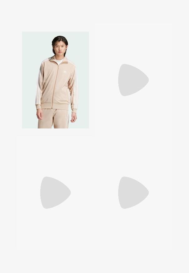 Beige track jacket dengan rits zipper yang terbuat dari kain halus, menampilkan desain tiga garis putih di lengan dan logo putih kecil di dada.; Lyhyet hihat, kauluspaita vaaleanvihreänä pystyraitojen kanssa. Kaksi rintataskua, napitus, puuvillamateriaali ja rento istuvuus.; Vaaleankeltaiset puuvillahousut suoralla lahkeella, joissa on edessä nappikiinnitys, vyölenkit ja siisti, minimalistinen muotoilu.; Valkoiset ja mustat tennarit, joissa on mokkanahka- ja nahkapäällinen, kolme valkoista raitaa, rei'itetty kärki ja kumipohja.