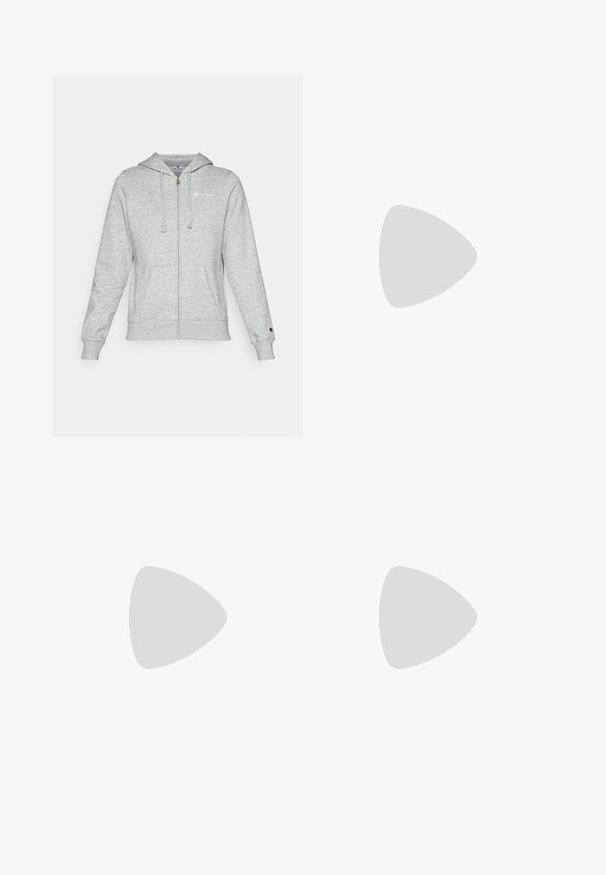 Sivý zipsový mikina vyrobená z mäkkej látky, s logom na ľavej hrudi, kapucňou na šnúrku a prednými vreckami. Klasický strih s rebrovanými manžetami.; Čierne cropped tričko vyrobené z elastického, hladkého materiálu, s okrúhlym výstrihom a krátkymi rukávmi. Na prednej strane sa nachádza malé logo Reebok.; Námořnické modré tepláky s šňůrkou v pase, elastickými manžetami a bílým logem Champion na levé noze. Měkký materiál z bavlněné směsi.; Svetlošedé športové topánky s štruktúrovaným pleteným zvrškom, mätozelenými akcentmi, bielymi šnúrkami, gumovou podrážkou a pútkom na päte.