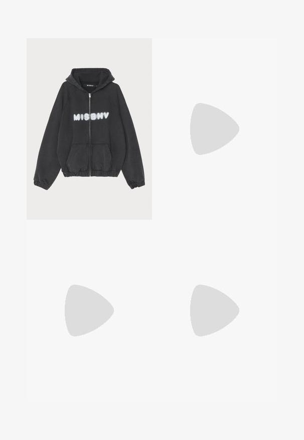 Hoodie noir avec zip sur le devant, poignets et ourlet côtelés. Présente "MISBHV" imprimé en lettres blanches de style graffiti sur la poitrine.; Chemise bleu clair à manches longues avec un col pointu, des boutons noirs et une découpe unique à l'avant pour un design distinctif.; Pantalons noirs en matériau lisse, avec une coupe droite, des poches zippées sur les côtés et des passepoils blancs le long des coutures.; Chaussure en toile blanche avec un embout et une semelle en caoutchouc noir. Comprend trois œillets pour les lacets et une texture lisse. Design simple et profil bas.