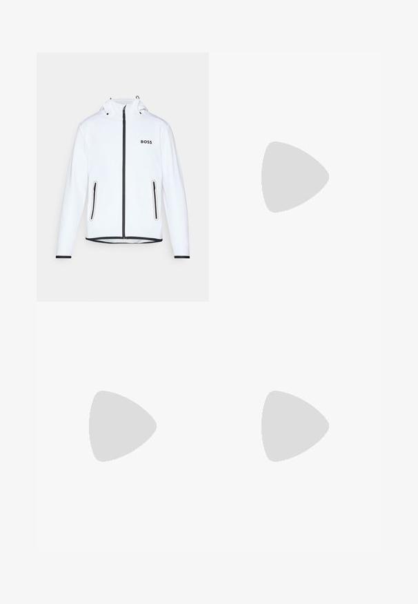 Giacca bianca con cappuccio, zip nera e dettagli neri, due tasche laterali con zip e logo "BOSS" sul petto. Tessuto liscio e leggero.; T-shirt sportivo bianco con maniche corte, caratterizzato da un logo nero "BOSS" e sottili linee arancioni e grigie sulla parte anteriore. Texture liscia.; Pantaloni sportivi bianchi con elasticità in vita, texture liscia e lunghezza corta. Nessun motivo visibile o dettagli aggiuntivi.; Scarpa da ginnastica nera con parte superiore texturizzata, tre strisce orizzontali e una suola bianca con battistrada a motivo. Design leggero e aerodinamico.
