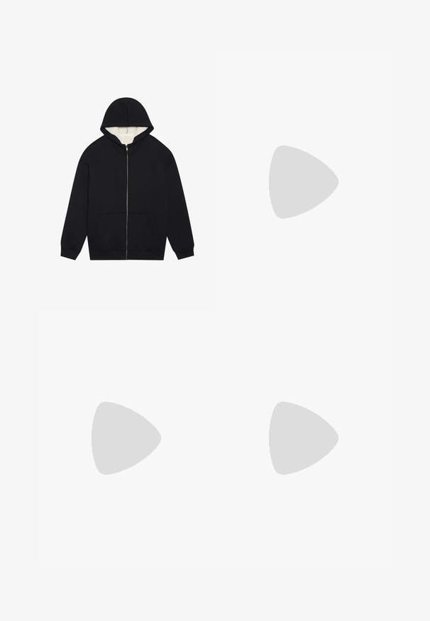 Hoodie zippé noir avec une doublure en polaire crème douce. Il comprend une capuche, des poches avant et des poignets côtelés. Design simple.; T-shirt blanc à manches courtes en coton. Coupe décontractée avec un col rond. Texture lisse sans motifs ni accents visibles.; Shorts bleu marine en tissu texturé, présentant une ceinture noire ajustable, deux poches latérales et un ourlet droit.; Baskets blanches de sport avec un dessus en maille texturée, des lacets plats et une semelle rembourrée avec des chambres à air visibles pour un soutien supplémentaire.