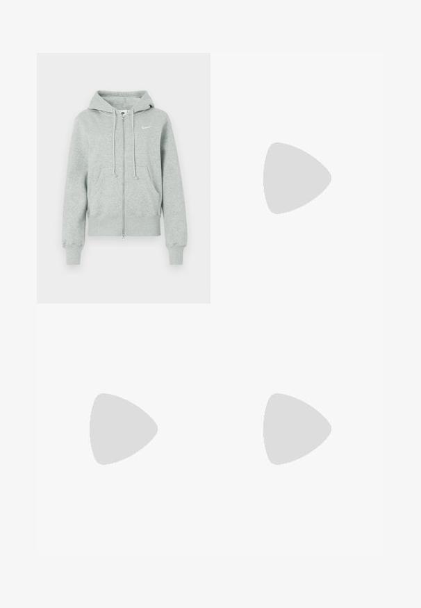 Gaiši pelēks Nike kapučjaka ar rāvējslēdzēju, ar kapuci, priekšējām kabatām, auklām, ribu aprocēm un balto Nike swoosh logotipu uz krūšu daļas.; Melna svārku kleita ar vienu plecu dizainu, kurai ir plānas siksnas un balta zīmola logo uz krūtīm. Gluda tekstūra visā kleitā.; Baltas Nike apavi ar melniem akcentiem, kas izgatavoti no gludas ādas, baltām auklām un izturīgiem gumijas zoleiem, savienoti ar baltām ribotām zeķēm.; Bežs rokassoma, izgatavota no mīksta materiāla, ar brīvu dizainu, izšūtu apdari un divām plecu siksnām. Piemērota ikdienas lietošanai.