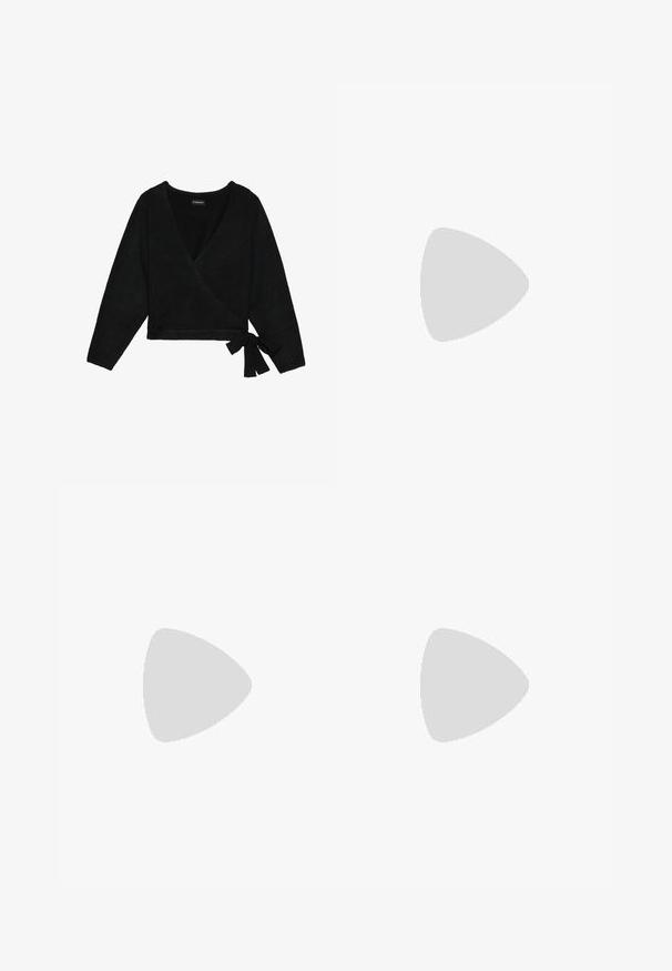 Black wrap sweater made of soft material. Features a deep V-neck, long sleeves, and a side tie detail for adjustable fit.; Two long-sleeve turtleneck tops, one white and one black, made of a smooth, stretchy fabric, both featuring slim-fitting design and high collars.; Black trousers with a smooth fabric, straight leg design, and flat front pockets. Features a waistband with belt loops. No visible patterns.; Black rubber clog with ventilation holes, a raised heel, a back strap, and textured sole. Smooth finish with a minimalist design.