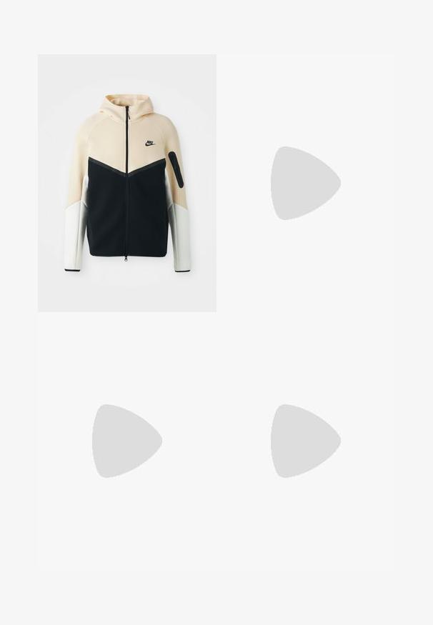 Nike zip-uppa hoodie med en färgblockdesign i beige, svart och vitt. Materialet är smooth och har en huva samt en ficka med dragkedja på ärmen.; Vit bomullströja med en grön grafisk tryck som har ordet "NIKE" och logotypen. Korta ärmar och rund halsringning. Slät yta.; Svarta denimbyxor med rak ben-design, med knapp- och dragkedjestängning, bältesöglor och minimala sömdetaljer.; Vita och svarta sneakers med röda accenter, som har ett texturerat mesh-övre och synlig luftdämpning i sulan, visas använda med mörka jeans.
