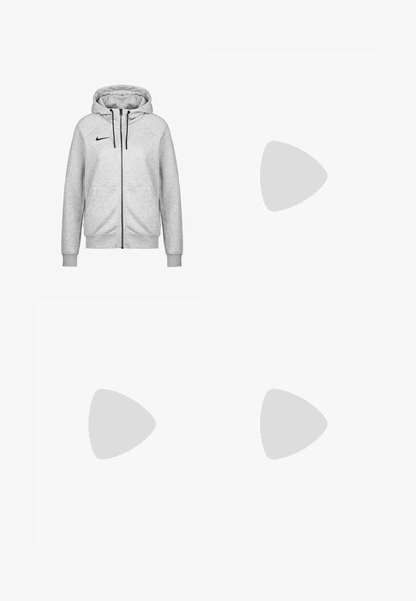 Felpa con zip grigia realizzata in un materiale morbido, dotata di cappuccio con lacci, tasche applicate, polsini a costine e un piccolo logo nero sul petto.; Maglione grigio chiaro a maniche lunghe realizzato in tessuto lucido e morbido, con scollatura rotonda e silhouette aderente. Orlo leggermente svasato sul fondo.; Pantaloni yoga grigi a campana realizzati in tessuto elasticizzato. Vita alta e texture liscia, con un design aderente che si allarga verso il fondo.; Scarpa da corsa nera con una tomaia in mesh testurizzato, logo bianco prominente e una suola modellata unica in bianco e nero con fori esagonali.