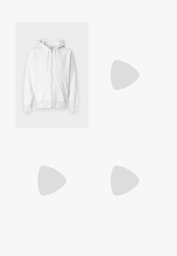 White zip-up hoodie made from a soft fabric with a kangaroo pocket, drawstrings, and a small logo on the upper left chest area.; Man with short curly hair wears beige Nike t-shirt and khaki shorts, facing forward against plain light background.; Light green trousers made of cotton with a straight leg design, featuring a smooth texture and standard waistband with belt loops.; White leather sneakers with green Nike logo, round toe, flat sole, paired with light blue denim pants, shown on a blue carpet.