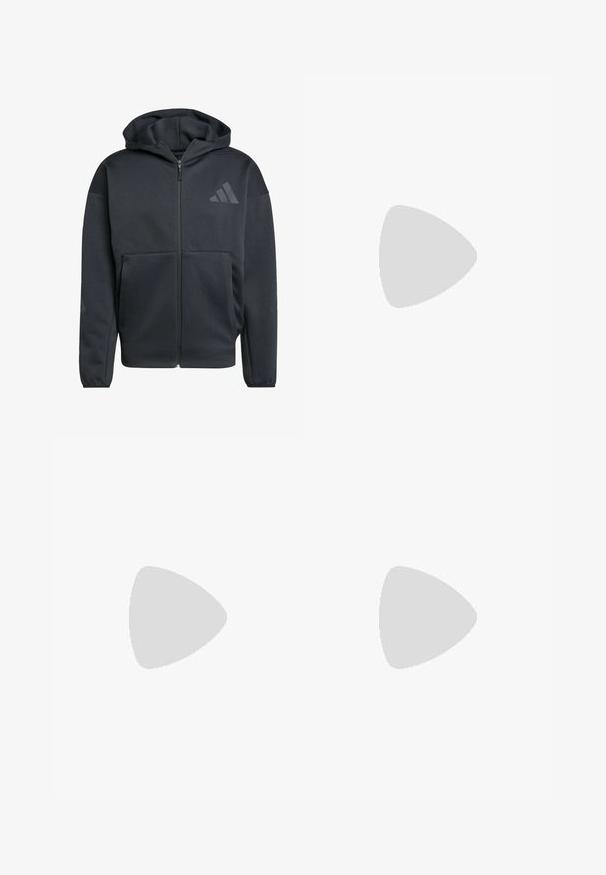 Moletim preto com fecho e com capuz ajustável, feito de um material suave. Apresenta dois bolsos frontais e um pequeno logo cinzento no lado esquerdo do peito.; T-shirt branco de mangas curtas feito de um tecido com uma textura suave. Apresenta um logótipo preto da adidas no lado esquerdo do peito e uma gola estampada.; Calças atléticas pretas com pernas afiladas, cintura elástica, bolsos laterais e detalhes em logo e riscas brancas. Confeccionadas em material liso e leve.; Sapatos atléticos brancos com detalhes em laranja, apresentando a marca "TERREX", um cabedal em malha, sola acolchoada e uma sola de borracha texturizada.