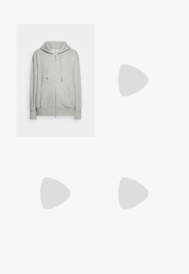 Hele halli tõmbluku kaelusega kapuutsiga dressipluus, mis on valmistatud pehmest materjalist. Sellel on känguru tasku, reguleeritav nööriga kapuuts ja väike Nike logo.; Helehallid pikkade varrukatega pluus ümarate kaelustega ja tekstuurse kangaga. Varrukad on veidi kitsad ning disain on üleüldiselt lõtv ja juhuslik.; Hallide higi värvi spordipüksid, elastse vöökoht ja paelaga detail, millel on vasakul reiel väike valge Nike logo. Pehme kangas, laiem lõige.; Pruun nahkne pahkluu saabas mustade polsteritega, kuldsete silmadega ja tekstureeritud tallaga. Küljel on ringikujuline logo ja õmblusaktsendid.