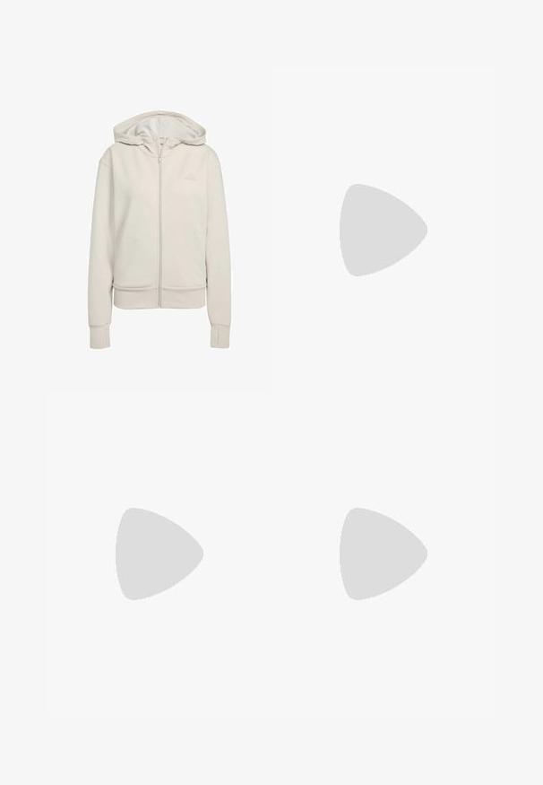 Lys grå zip-up hættetrøje lavet af blødt stof. Har en dobbeltlaget hætte, ribbet manchetter og et diskret logo på venstre side af brystet.; Hvid ærmeløs atletisk skjorte lavet af struktureret mesh materiale. Har en rund halsudskæring og et lille logo på forsiden.; Sorte shorts lavet af letvægtsstof, med knaplukning og to sidelommer. Simpelt design med rene linjer og minimal detaljer.; Sort sportsko med mesh-overdel, tre sølvstriber på siden og en hvid polstret sål. Har en tekstureret ydersål for godt greb.