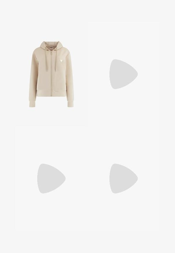 Beige zip-up hette med snor i hetten, ribbestrikkede mansjetter og kant. Har en liten trekantet logo på venstre bryst. Glatt stofftekstur.; Beige ribbet crop-top med korte ermer og rund halslinje, med et lite logo-lapp ved kanten. Glatt tekstur, tettsittende design.; Brune leggings laget av elastisk materiale med ribbet høy midje og sidelommer. Har flatlock-sømmer for ekstra holdbarhet.; Hvite sneakers laget av mesh og syntetiske materialer, med svarte og brune detaljer, teksturerte sider og en fremtredende logo. Gummisåle.