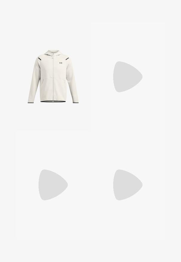 Lichtgrijze ritssluiting hoodie gemaakt van zachte stof, met een kap, zijzakken en zwarte accenten op de schouders en zoom.; Zwart sportshirt met korte mouwen, vervaardigd uit een gestructureerde, ademende stof; voorzien van een ronde halslijn en een logo op de linkerborst.; Donkergroen sweatpants gemaakt van zacht materiaal, met een elastische tailleband met koord en geribbelde manchetten; subtiele logo-detail op het been.; Zwart-witte sportschoen met een bovenwerk van mesh, een getextureerde zool en lichtblauwe accenten. Beschikt over veters en een gevoerde kraag voor ondersteuning.