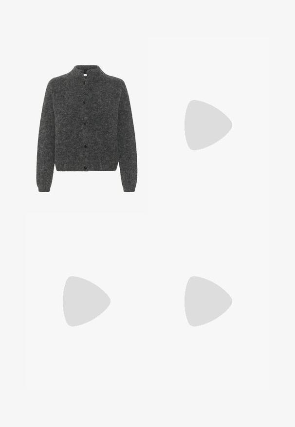 Gray, fuzzy cardigan with a stand-up collar, featuring a button front and long sleeves. Made from soft material with a textured finish.; Two short-sleeve T-shirts in black and white. Made of smooth cotton, featuring a classic round neckline and regular fit.; Straight-leg black denim jeans with high waist, front button and zipper, and five-pocket styling on a white background.; RAID BLICK - Boots - black