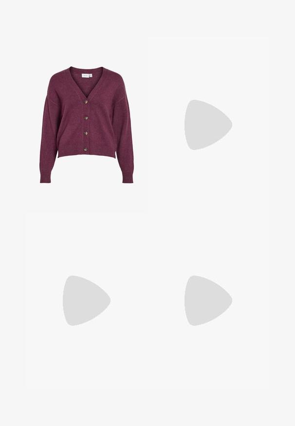 Burgundy cropped cardigan with a V-neck, five brown buttons, and long sleeves featuring ribbed cuffs and hem in soft knit material.; White short-sleeve t-shirt made of ribbed fabric, featuring a classic round neckline and a simple, fitted design. No patterns or accents.; Classic blue denim jeans with a straight-leg design, five pockets, and a button closure. Features a medium wash and sturdy texture.; Light grey suede sneaker with a rounded toe, flat white sole, and silver heel accent. Laced design with minimal stitching details.