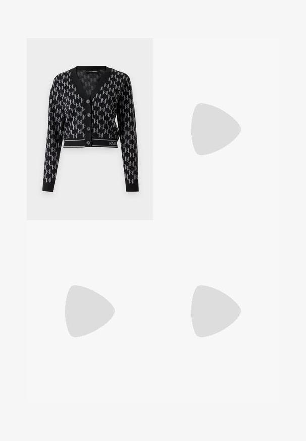 Cárdigan de punto negro con patrón de logo gris, escote en V, cierre de botones, dobladillo acanalado y mangas largas. Presenta la marca "KARL" en la parte inferior.; Top negro de manga corta y cuello alto, hecho de una tela ligera con una textura suave y una forma ajustada, que presenta un escote alto.; Falda de tweed tejido en un patrón de espiga blanco y negro, presenta dos bolsillos frontales y una cremallera en tono dorado en la parte trasera con bordes deshilachados.; Botas altas de cuero negro con un diseño elegante, punta afilada y un acento de cadena dorada en el tobillo. Tacón bajo tipo bloque. Textura suave.