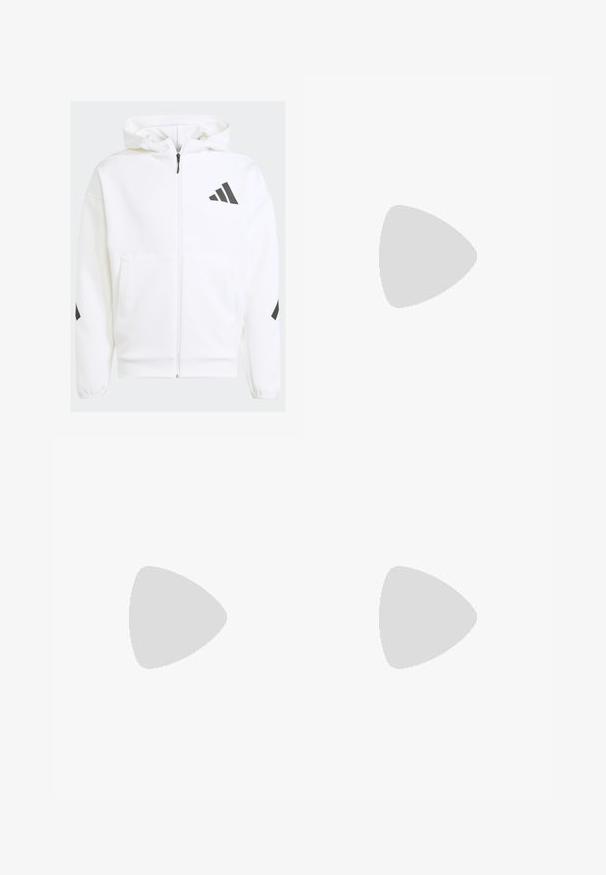 White zip-up hoodie with a hood. Features black logo and accents on shoulders. Made from soft material, smooth texture. Front pockets included.; White polo shirt made of cotton, featuring a zip closure and a distinctive collar design. No patterns or accents visible.; White athletic joggers with black accents, made from soft fabric, featuring an elastic waistband, drawstring closure, and side pockets.; White athletic sneakers with grey suede accents, a textured rubber sole, mesh panels, and lacing system. Features branding on the side.