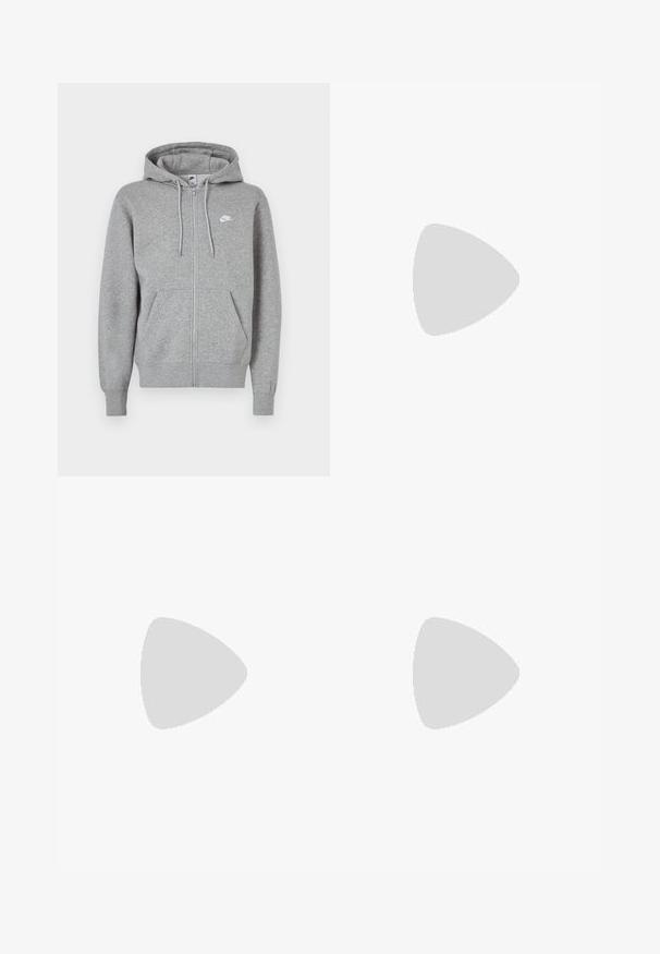 Pilkos zip-up gobtuvu pagamintas iš medvilnės mišinio, su raišteliu reguliuojamu gobtuvu, kengūrų kišenėmis ir mažuoju baltu logo kairėje krūtinės pusėje.; Pilkas trumpas rankovėmis marškinėliai iš medvilnės, su juodu Nike logotipu krūtinėje ir apvaliu iškirpimu. Minimalistinis dizainas be raštų.; Pilki sportiniai kelnių, pagaminti iš minkštos medžiagos, su siaurėjantis kojų dizainu, elastingu juosmeniu ir mažuoju baltu Nike logotipu kairėje šlaunies pusėje.; Sportiniai bateliai su gradientinės mėlynos ir baltos spalvos tinkleliu, paminkštinta apykakle ir išskirtiniu padu su apvaliais akcentais. Dėvimi su džinsais.