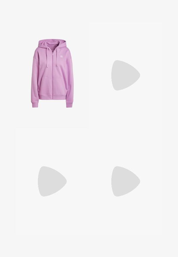 Svijetlo ljubičasti dukserica na zip, izrađena od mekanog materijala, s kapuljačom, vezicama, prednjim džepovima i malim bijelim logom na prsima.; Bjela pamučna majica kratkih rukava s okruglim izrezom. Ima crni Adidas logo otisnut na prsima. Jednostavan, minimalistički dizajn.; adidas Originals FIREBIRD LOOSE TRACK - Donji dijelovi trenirke - preloved purple; Kremaste atletske tenisice s tri bež pruge, od nubuk kožne i tekstilne tkanine, s teksturiranim potplatom i utisnutim brendiranjem na peti.