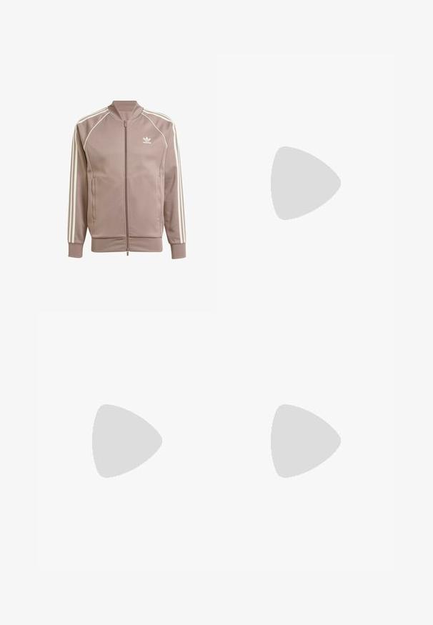 Light brown zip-up jacket made of smooth fabric, featuring white accent stripes along the shoulders and sleeves, and a small logo on the chest.; White pullover with a collar, featuring a v-neck, ribbed cuffs, and a gold lion logo on the chest. Made from textured fabric.; Beige sweatpants made of soft fabric, featuring an elastic waistband with drawstring, cuffed ankles, and a side patch pocket.; White leather sneakers with grey suede toe cap, three horizontal white stripes, blue accent, and brown rubber outsole. Textured detail on the sole.