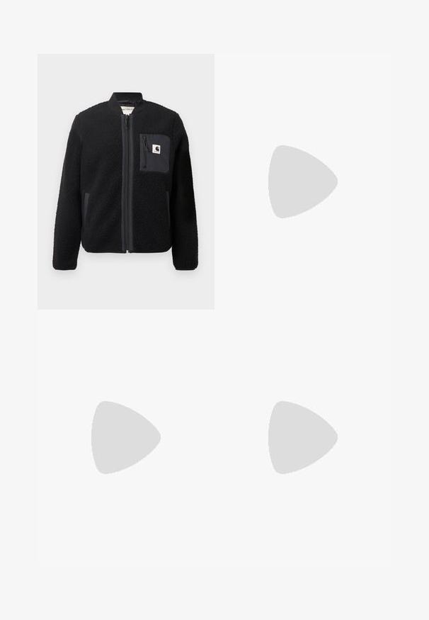 Black fleece bomber jacket with a zip front, ribbed cuffs, and a chest pocket. Features textured fabric and solid color design.; Light blue long-sleeve button-up shirt with white and dark vertical stripes and a front chest pocket featuring white script embroidery.; Wide-leg pants in light beige fabric, featuring a high waist, front pockets, and a side loop detail for added functionality.; Adidas Gazelle sneaker in mint green suede with white accents, lace-up closure, and a gum rubber sole. Features three white stripes.