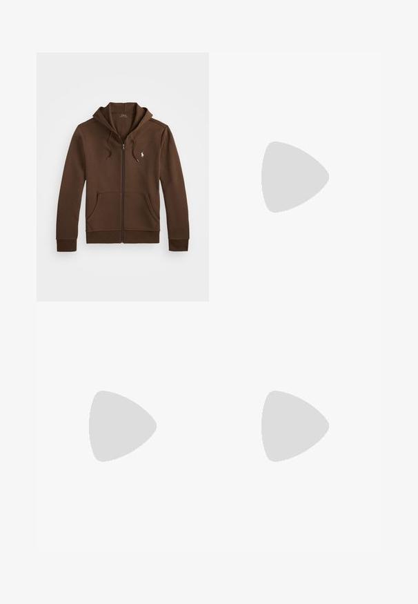 Brown zip-up hoodie with a drawstring hood, front pockets, and a small logo on the left chest. Made of soft fabric with ribbed cuffs.; White polo shirt made of cotton, featuring a classic collar, three-button placket, and a left chest pocket; small logo at the hem.; Camouflage shorts in shades of green and brown, made of lightweight fabric, featuring a drawstring waist and gathered hem details.; White suede sneakers with a smooth texture, round toe, lace-up front, and a tan rubber sole. Features subtle side stripes and heel accents.