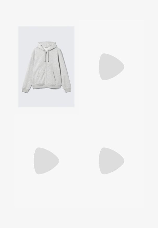 Light gray zip-up hoodie with drawstrings and front pockets, displayed flat against a white background.; Five long-sleeve shirts in a gradient of colors: dark navy, navy, olive green, beige, and white. Each has a round neck and a smooth texture.; Gray sweatpants made from soft fabric, featuring an elastic waistband, side pockets, and tapered cuffs at the ankle for a relaxed fit.; White and navy athletic shoe with red accent, mesh panels, padded collar, and distinctive sole design featuring visible cushioning units.