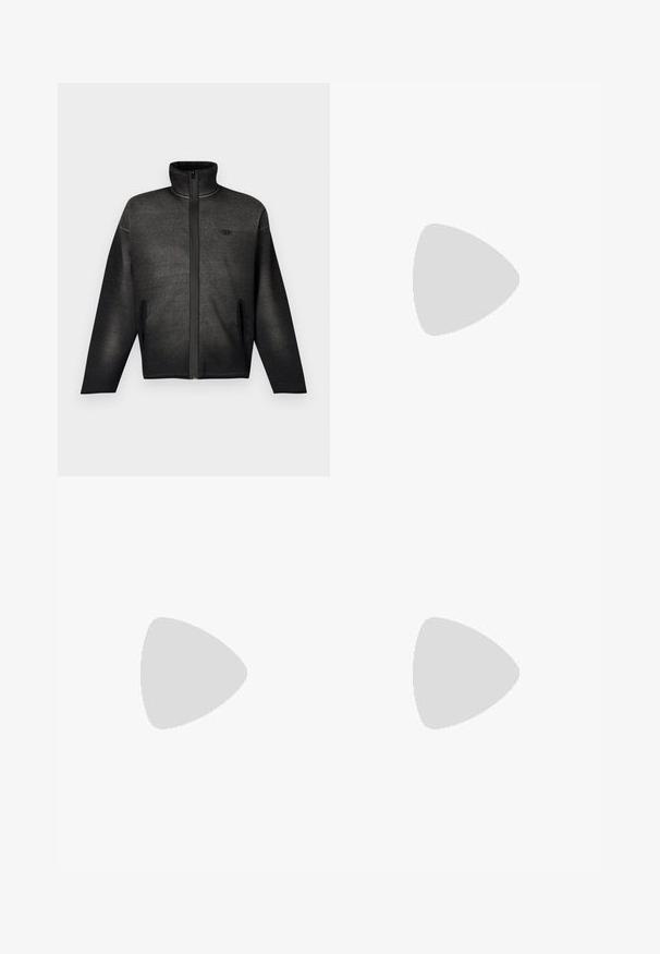 Dark grey zip-up jacket with a high collar, side pockets, and a sleek, smooth texture. Features contrasting black accents and stitching.; Gray short-sleeve t-shirt made from soft fabric, featuring a round neckline and four-button placket detail on the front.; Black trousers made of a smooth fabric, featuring a straight leg design, front pleats, and a button closure at the waist.; Black patent leather combat boot with a glossy finish, lace-up design, thick rubber sole, and distinctive front hardware detail.