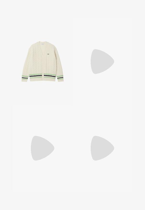 Cardigan crema a maglia cable con scollo a V, strisce verdi e blu navy all'orlo e un piccolo logo Lacoste sul lato sinistro del petto. Sei bottoni sulla parte anteriore.; Camicia rossa in cotone con tasca cucita e un'etichetta nera che mostra il logo "eckō unlt'd" e un grafico del logo.; Pantaloni larghi in denim blu scuro con vita alta, chiusura a cinque bottoni e cinque tasche. Presentano accenti di cucitura sulle cuciture.; Mocassini neri in pelle con finitura liscia, punta arrotondata, cuciture decorative e suola leggermente rialzata.