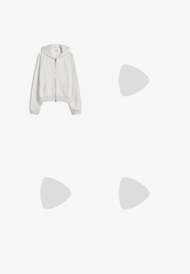 Light gray cropped hoodie made of soft fabric; features a front zipper, large hood, and ribbed cuffs and hem; includes side pockets.; White short-sleeve t-shirt made of soft cotton, featuring a crew neckline and a fitted shape. No visible patterns or embellishments.; Light grey sweatpants with a relaxed fit, elastic waistband, drawstring, and side pockets; made from soft, textured fabric.; Nike athletic shoe in white and light pink. Features a mesh upper and distinctive curved sole with visible air cushioning.