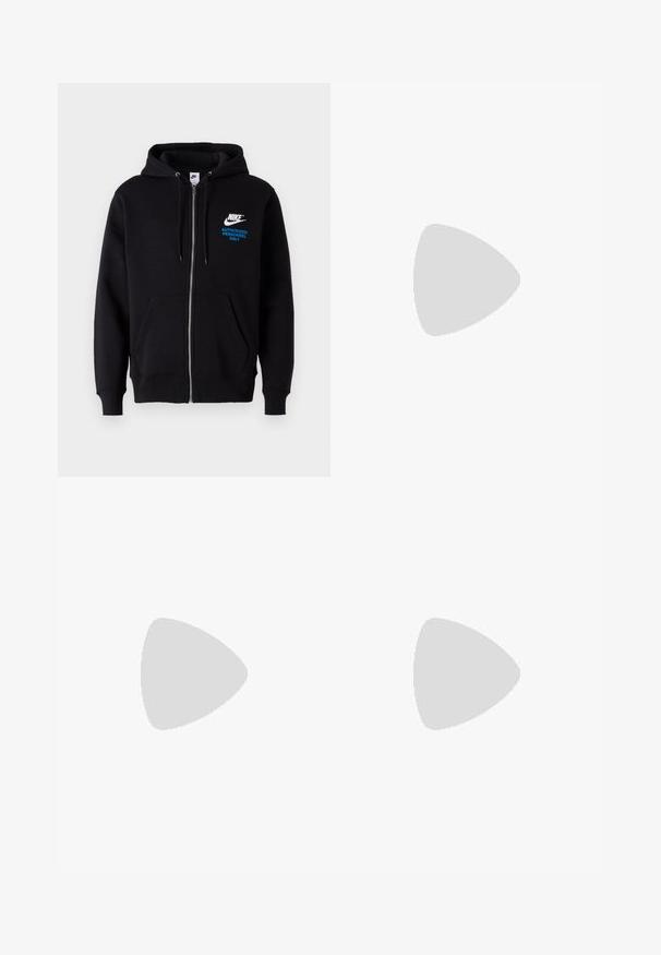 Zwarte rits hoodie gemaakt van katoen. Bevat een logo aan de voorkant in witte en blauwe tekst, twee voorzakken en een capuchon met trekkkoord.; Zwart katoen T-shirt met korte mouwen, ronde hals en een klein wit Nike-logo op de bovenste linkerborst. Gladde textuur. Klassieke pasvorm.; Zwarte recht gesneden jeans gemaakt van katoen. Heeft vijf zakken, een metalen knoop en oranje stikselaccenten aan de voorkant.; Zwarte sportschoenen met gestructureerde stof en rubberen zolen, met elastische veters en een blauwe accent op de hiel. Draag samen met lichte spijkerbroeken.