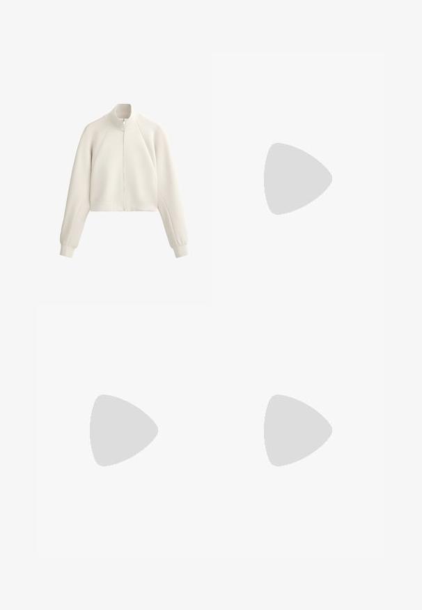 Lyhyt valkoinen vetoketjullinen takki, joka on valmistettu ribbikankaasta, jossa on korkea kaulus ja raglanhiukset, tasainen pinta ja sivutaskut.; lululemon ALIGN™ A/B CUP - Toppi - espresso; Löysät lahkeet harmaasta ribbikankaasta. Ominaisuutena joustava vyötärö, joka tarjoaa mukavuutta, sekä virtaava, pehmeä rakenne. Ei taskuja eikä nappeja.; Valkoiset urheilukengät, joissa on verkkomateriaali ja synteettisiä materiaaleja, nauhakuulakesuunnittelu, pehmustettu kaulus ja teksturoitu pohja pidon takaamiseksi. Kevyt rakenne.