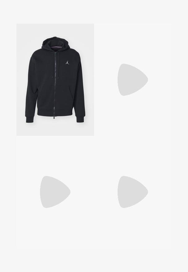 Schwarze Zip-Hoodie aus weichem Stoff, mit einer Kängurutasche, gerippten Bündchen und einem weißen gestickten Logo auf der Brust.; Weiße Baumwoll-T-Shirt mit kurzen Ärmeln, rundem Ausschnitt, lockerer Passform und ohne sichtbare Logos oder Muster. Glatte Textur und minimalistisches Design.; Braune Jogginghose aus weichem Jersey-Material. Mit elastischem Bund und Kordelzug sowie Bündchen an den Knöcheln. Weißes Logo-Element.; Jordan AIR JORDAN 1 LOW - Sneaker low - black/particle grey-white