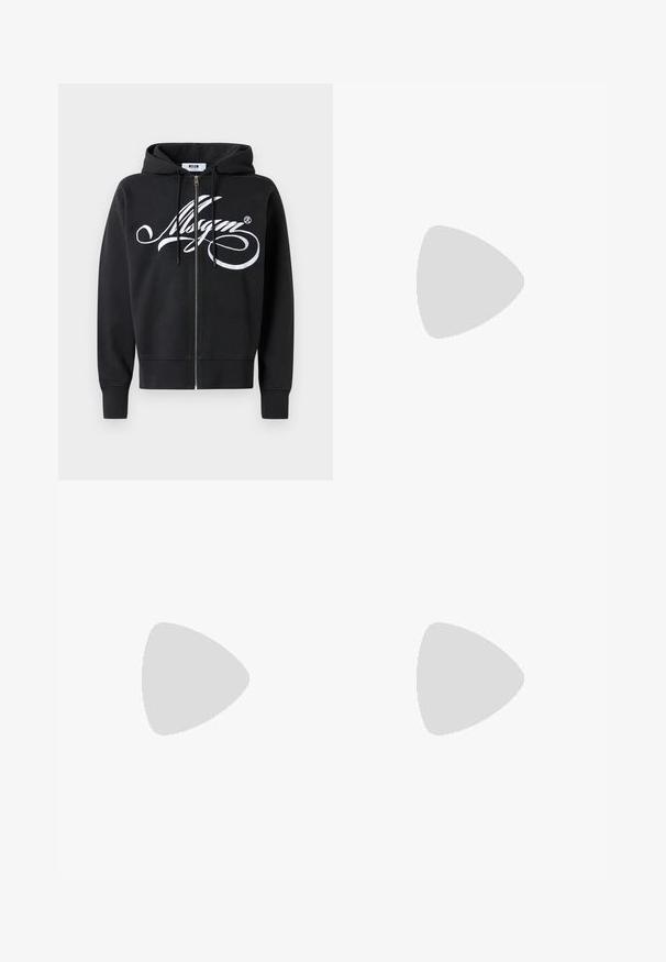Black zip-up hoodie with white cursive logo across the chest, drawstrings, long sleeves, and ribbed cuffs and hem.; MSGM Top - optical white; Black straight-leg faux leather pants with belt loops, front button, zipper closure, and visible stitching details on knees and pockets.; Black leather sneaker with a textured finish, white midsole, black rubber outsole, and subtle branding on the side. Round laces and padded collar.
