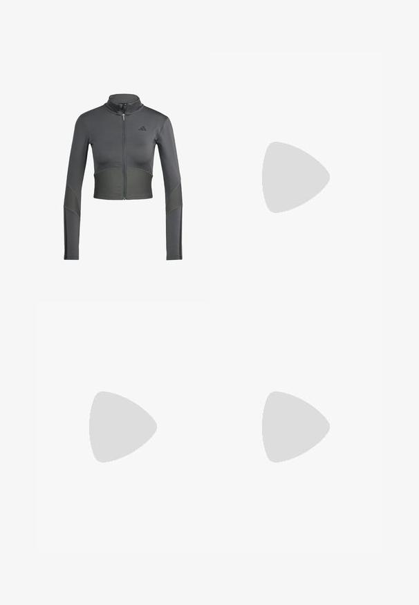 Veste de sport zippée grise avec manches longues, présentant une texture côtelée au niveau de la taille et des manches, et un logo sur le côté gauche de la poitrine.; T-shirt athlétique gris clair à manches courtes avec un tissu en maille texturée et un logo bleu subtil sur le devant. Ourlet arrondi en bas.; New Balance SHORT - Short de sport - licorice; Baskets de sport beiges avec un logo à trois bandes roses, tige en maille texturée, col rembourré et semelle en caoutchouc blanc, arborant le marquage "LIGHTSTRIKE".