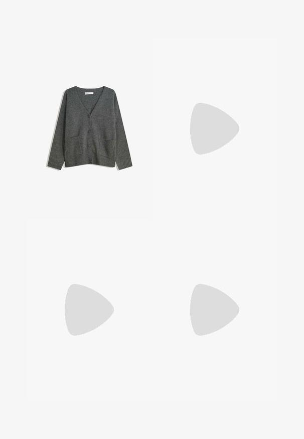 Dark gray V-neck cardigan with long sleeves, button closure, two front pockets, and ribbed cuffs and hem.; Cream short-sleeve sweater with navy horizontal stripes. Features a round neckline and ribbed cuffs and hem. Made from a soft knit material.; Dark blue denim jeans with high waist, front pockets, and flared wide legs, displayed flat on a white background.; Brown suede ballet flat with a rounded toe, featuring a knotted detail on the front, thin red trim, and a flat black sole.; Tortoiseshell oversized sunglasses with gray gradient lenses. Features rectangular frame design and white branded text on the temples.; Black suede tote bag with two long, flat leather straps. Features a curved top edge and visible stitching along the front. No hardware accents.