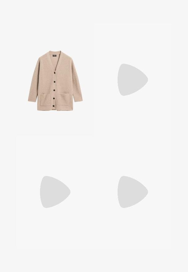 Beige Strickjacke mit V-Ausschnitt, langen Ärmeln und zwei Fronttaschen. Mit schwarzen Knöpfen und durchgehend geripptem Muster.; Weißes Hemd mit langen Ärmeln, klassischem Kragen und einem kleinen blauen Logo am Bund. Glattes Baumwollmaterial, strukturierte Passform.; Moves PYNNA - Shorts - tangerine; Schwarze Lederpumps mit runder Zehenpartie und mittelhohem Blockabsatz. Glatte Textur mit minimalen Details, ausgestattet mit einem dezenten elastischen Einstieg.; Braune Leder-Hobo-Tasche mit runder Form, ausgestattet mit goldenen Hardware-Details und kontrastierenden Nähten. Kombiniert mit einem Jeanshemd und Jeans.