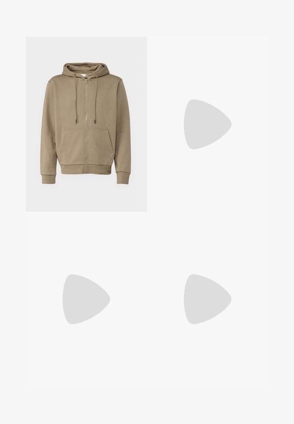 Bež zip-up kapuca, izdelana iz mehkega blaga, z kapuco, dvema sprednjima žepoma in rebrastimi manšetami na rokavih in robu.; Svetlo bež srajca s gumbi, dolgi rokavi, klasičen ovratnik, gladka tkanina, bele gumbe, vzorčasta notranja podrobnost ovratnika.; Bež bombažne hlače ravnega kroja, sprednji žepi in zapiranje na en gumb. Dolžina do gležnjev z gladko teksturo.; Mornarsko modre usnjene teniske z zelenim poudarkom, belim srednjim delom in rjavim petnim delom. Imajo okroglo konico in teksturiran podplat iz gume.