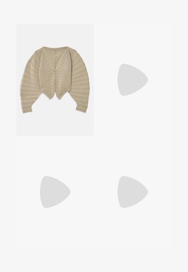 Beige geplooide cardigan met een diepe V-hals, knoopsluiting en brede mouwen, met een geribbelde textuur over het geheel.; Zwarte top met doorschijnende, gestructureerde mouwen versierd met pailletten en bloemaccenten aan de manchetten. Ronde halslijn, normale pasvorm en elegante details.; Satin midi-jurk in lichtbeige, met een aansluitende taille, een zachte textuur en een uitlopende zoom, zonder zichtbare versieringen of zakken.; Nude patenten leren puntige schoen met een enkelbandje en een stilettohak, met een gladde textuur en een minimalistisch ontwerp.