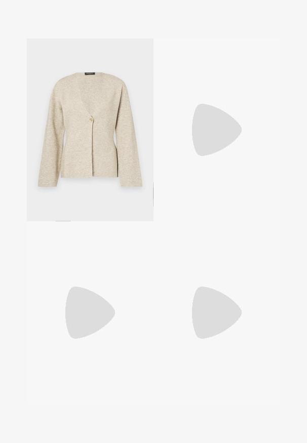 Beige cardigan made of soft knit fabric, featuring a V-neck, long sleeves, and a single gold button closure at the front.; White ribbed T-shirt with a round neckline and elbow-length sleeves. Made of soft material with a smooth texture. Tag visible at the neckline.; Woven tweed skirt in white and black herringbone pattern, features two front pockets and a gold-tone zipper at the back with frayed edges.; Tall black leather boots with a sleek design, pointed toe, and a gold chain accent at the ankle. Low block heel. Smooth texture.