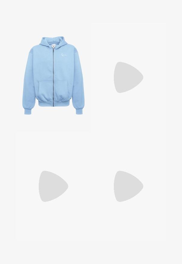 Light blue zip-up hoodie made of soft fabric, featuring a kangaroo pocket, ribbed cuffs, and a small white logo on the chest.; Two black cotton t-shirts with short sleeves, round necks, and a subtle logo on the lower hem. Simple design and smooth texture.; Dark denim shorts featuring a straight cut, large front pockets, and a button closure; smooth texture and minimal stitching details.; Nike running shoe featuring a black and white synthetic upper, textured design, and a blue rubber sole with shock-absorbing columns.