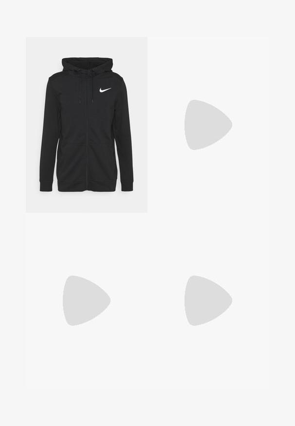 Sudadera con cremallera negra hecha de tejido suave, que cuenta con un bolsillo frontal, capucha ajustable con cordón y un logo de Nike en blanco en el pecho.; Camiseta atlética sin mangas blanca hecha de material ligero. Presenta un cuello redondo y un pequeño logo negro de Nike en la parte superior izquierda.; Nike Performance FORM PANT - Pantalones deportivos - ashen slate/black/reflective silver; Zapatillas deportivas blancas con parte superior de malla y detalles texturizados, que presentan un logo Swoosh negro en el lateral y una suela blanca acolchada.