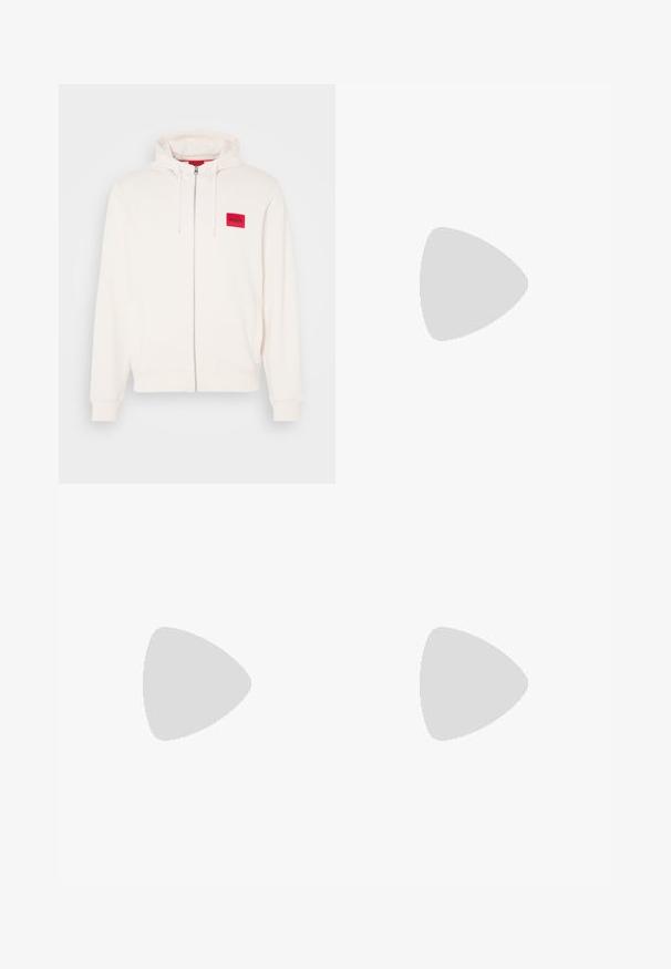 Hooded sweatshirt in off-white with a front zipper, featuring a red logo patch and side pockets, made of soft fabric.; BOSS TEE - Basic T-shirt - open white; Beige shorts with a textured fabric, elastic waistband, and black drawstring. Features a subtle logo accent. Straight-cut design.; White leather sneakers with gray suede accents and a tan leather heel tab. Features a textured surface and lightweight sole.